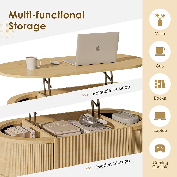 LYNCOHOME Fluted Lift Top Coffee Table - Image 3