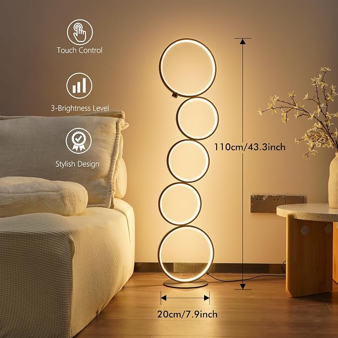 NUÜR Modern 5-Ring LED Floor Lamp, 43.3" Artistic Nesting Circle Standing Lamp - Image 3