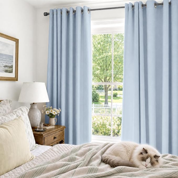 100% Blackout Linen Textured Curtains 96 Inch Long, Chambray Blue | 100% - Image 4