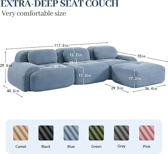 Boneless Sectional Couch, No Assembly Required, 117.3” L Shaped Modular Cloud - Image 3