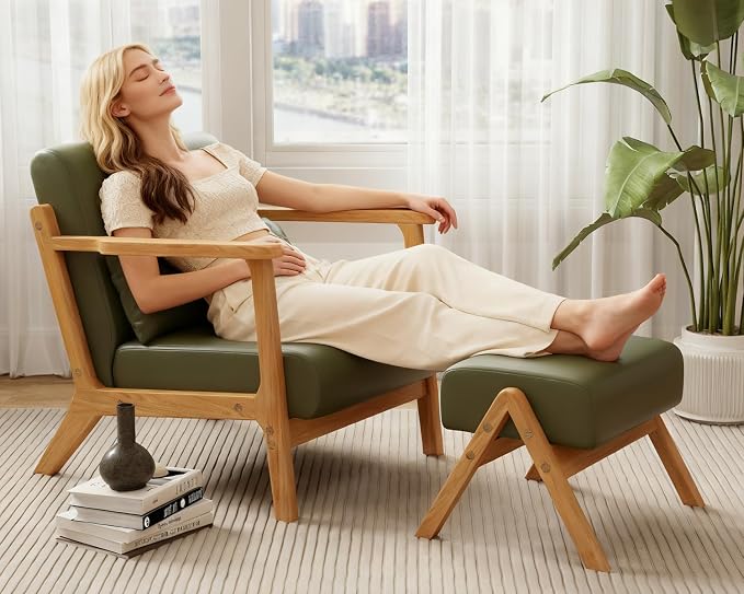Accent Chair and Ottoman Set, Mid-Century Modern Faux Leather Upholstered - Image 4