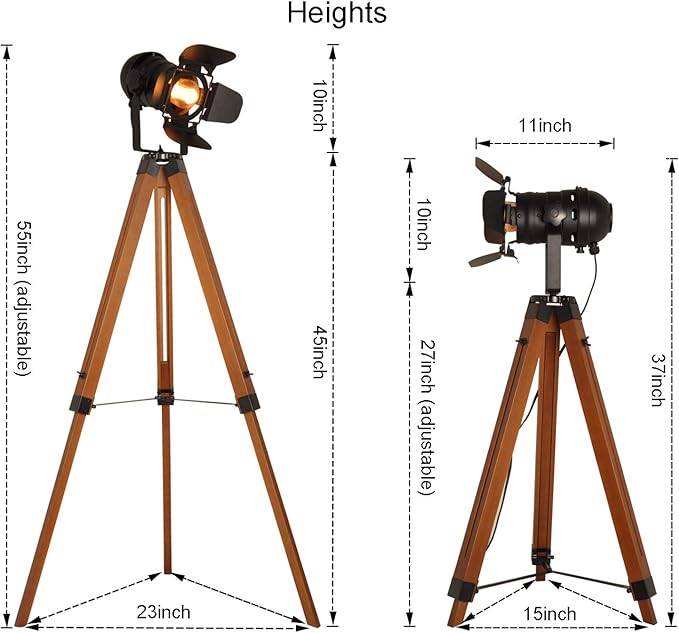 Decoluce Vintage Tripod Floor Lamp, Height Adjustable Wooden Camera Tripod - Image 3