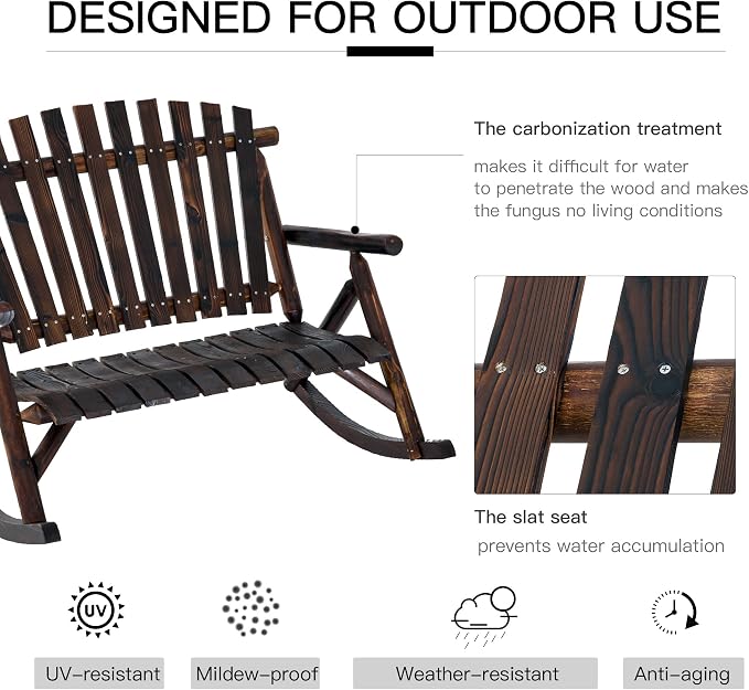 Outsunny Outdoor Wooden Rocking Chair, Double-Person Rustic Adirondack Rocker - Image 5