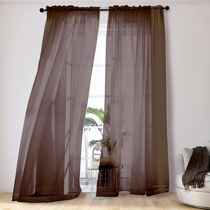 Brown Sheer Curtains 108 Inches Long, Light Filtering Semi Transparent by OVZME