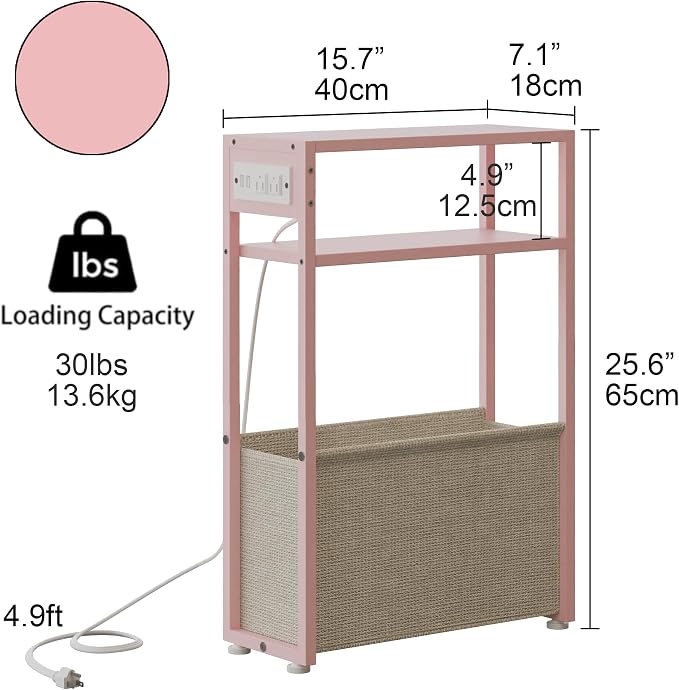 Leomonio Pink Side Table with Charging Station, Slim End Tables with Linen - Image 2
