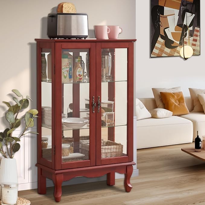 Curio Cabinet With Lighted Tall Leg Glass Door, Antique Display With Mirrored - Image 7