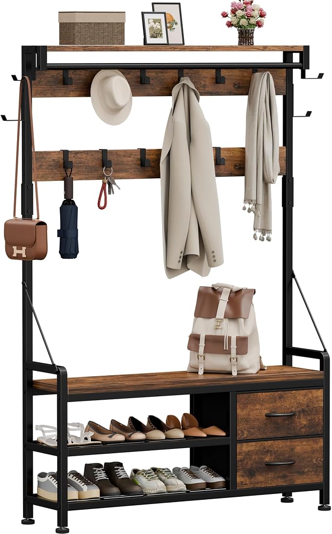 Lulive Hall Tree with Bench and Shoe Storage, 39.4” Entryway Bench with Coat by Lulive