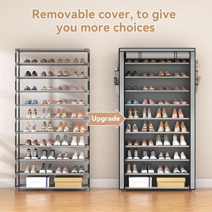 ROJASOP Shoe Rack with Covers, Stackable 10 Tier Tall Shoe Shelf Storage 50-55 - Image 5