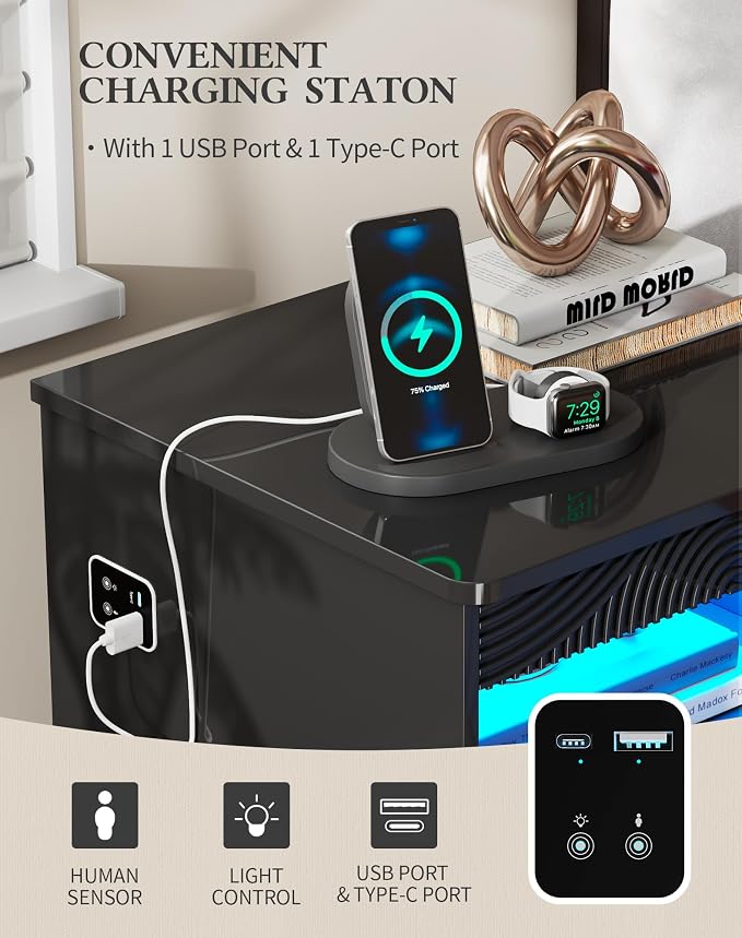 Modern Nightstand Set 2 with Gun Drawer, Bedside Table with 3-Color LED Lights - Image 4