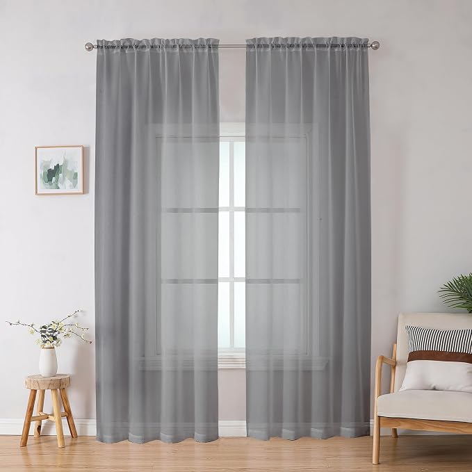 Grey Sheer Curtains, Sheer Curtains 78 inches Long 2 Panels Set, Rod Pocket - Image 2