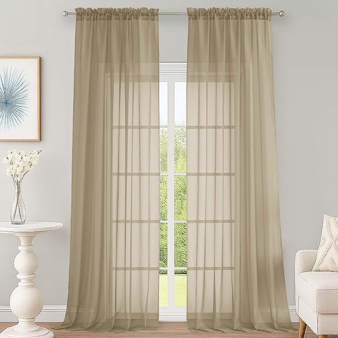 Taupe Sheer Curtains 120 Inches Long 2 Panels Set, Airy Lightweight Sheer Taupe by OWENIE