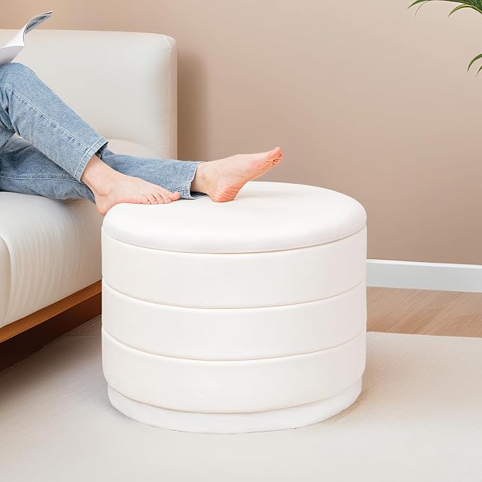 23" Upholstered Round Velvet Ottoman - Image 5