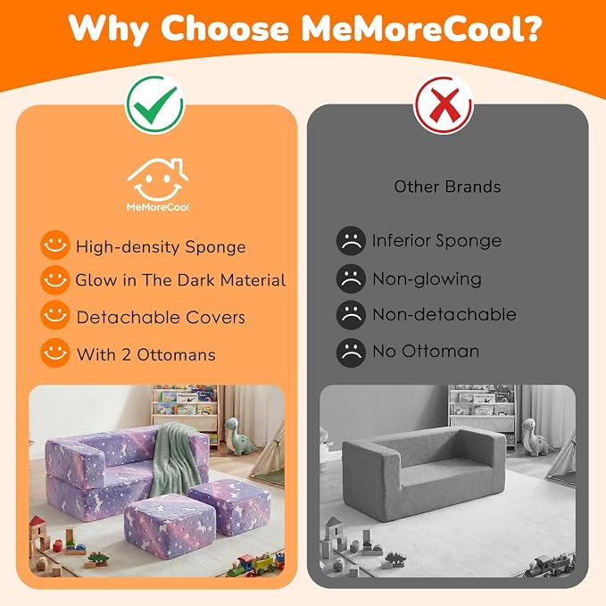 MeMoreCool Unicorn Modular Kids Couch, Glow Rainbow Play Toddler Couch - Image 8