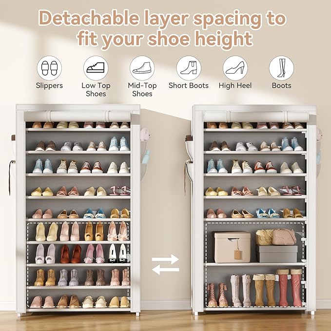 LANTEFUL Shoe Rack with Covers 10 Tier Tall Shoe Rack Organizer Large Capacity - Image 6