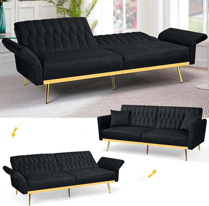 70” Velvet Futon Sofa Bed with 2 Pillows and Adjustable Armrests, Convertible - Image 4
