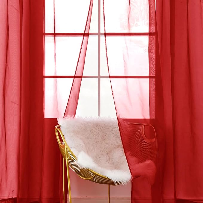 SpaceDresser Basic Rod Pocket Sheer Voile Window Curtain Panels Christmas Red 1 - Image 3