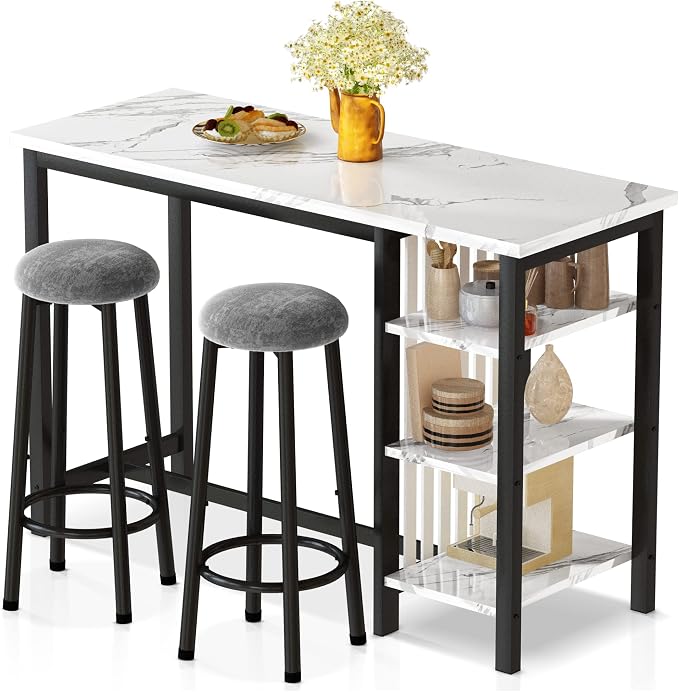 AWQM Bar Table Set with Storage Shelves, 3-Piece Dining Set by AWQM