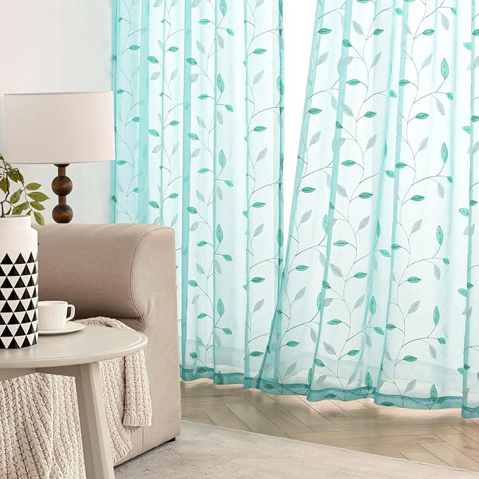 MIULEE Turquoise Sheer Curtains 2 Panels Leaf Patterned, W52 x L84 | - Image 3