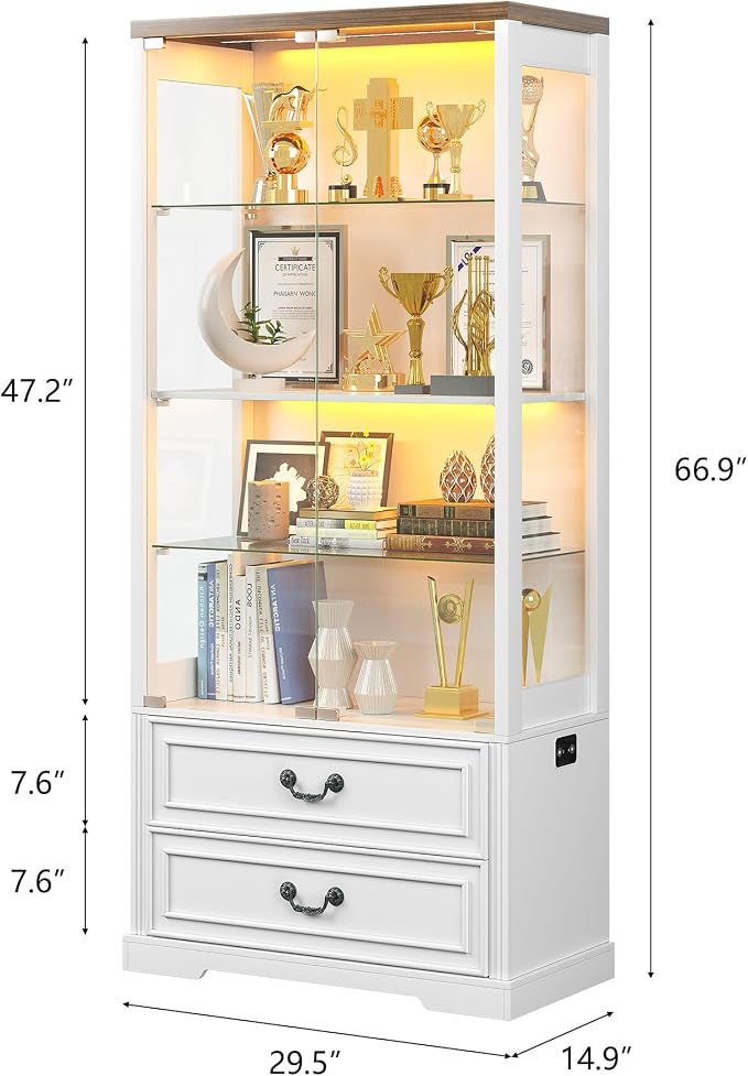 FREDEES Display Cabinet with Glass Doors, Tall Bookcase with 3 Color Lights and - Image 2