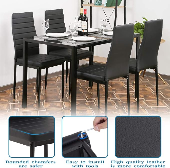 FDW | 5-Piece Dining Table Set | Black | Glass Kitchen Table - Image 4
