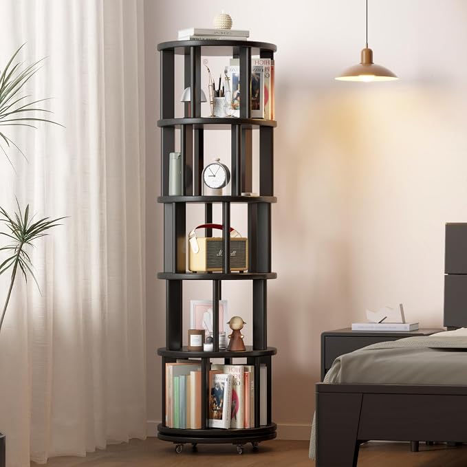 Muwuele Solid Wood Rotating Bookshelf on Wheels, 5 Tier, Round Revolving - Image 8