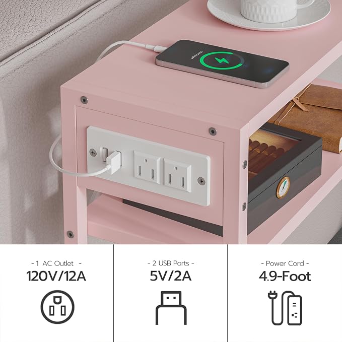 Leomonio Pink Side Table with Charging Station, Slim End Tables with Linen - Image 6