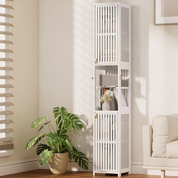 Amazer White Bathroom Storage Cabinet 70'', Bamboo Slim Storage Cabinet by Amazer