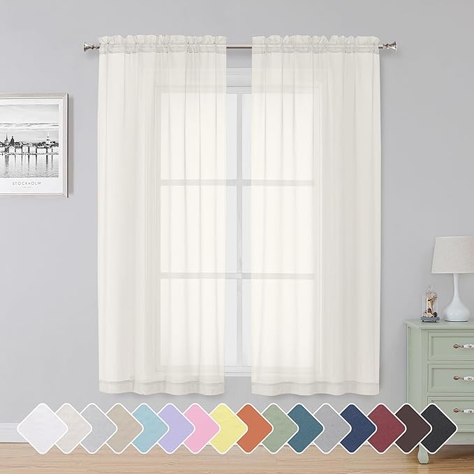Simplebrand Ivory Sheer Curtains 63 Inch Length 2 Panels, Rod Pocket Solid by Simplebrand