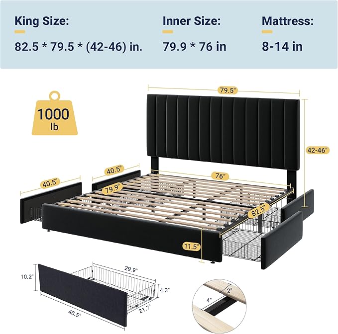 Allewie King Size Storage Bed Frame, Vertical Channel Tufted Adjustable - Image 2