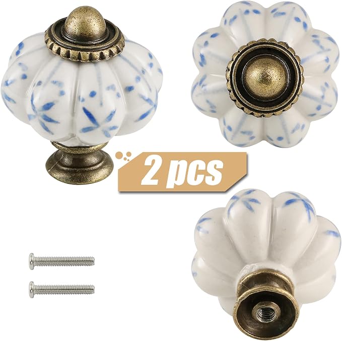 Ivory & Blue Pumpkin Knobs 2 Pack Ceramic Cabinet Knobs Vintage Drawer Pulls - Image 2