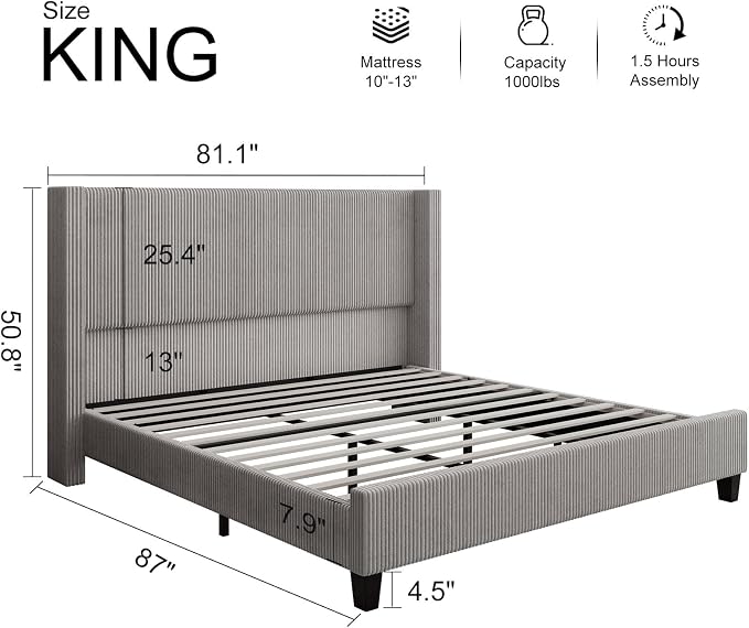 HOWE King Size Bed Frame with 50.8" Tall Wingback Headboard, Modern Corduroy - Image 2
