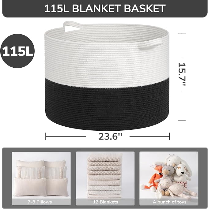 INDRESSME 115L Extra Large Cotton Rope Blanket Basket, Woven Storage - Image 2