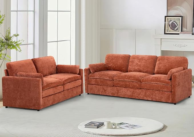 Classic Chenille Sofa Set with 2 Extra Armrest Pillows, Loveseat and 3-Seat by LESOFAIR