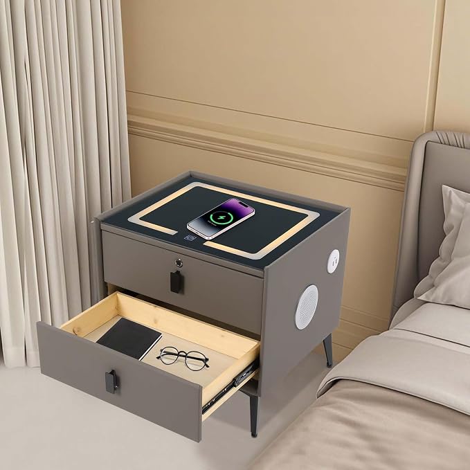 Smart Nightstand with Charging Station, Adjustable LED, USB Ports, Fingerprint - Image 6