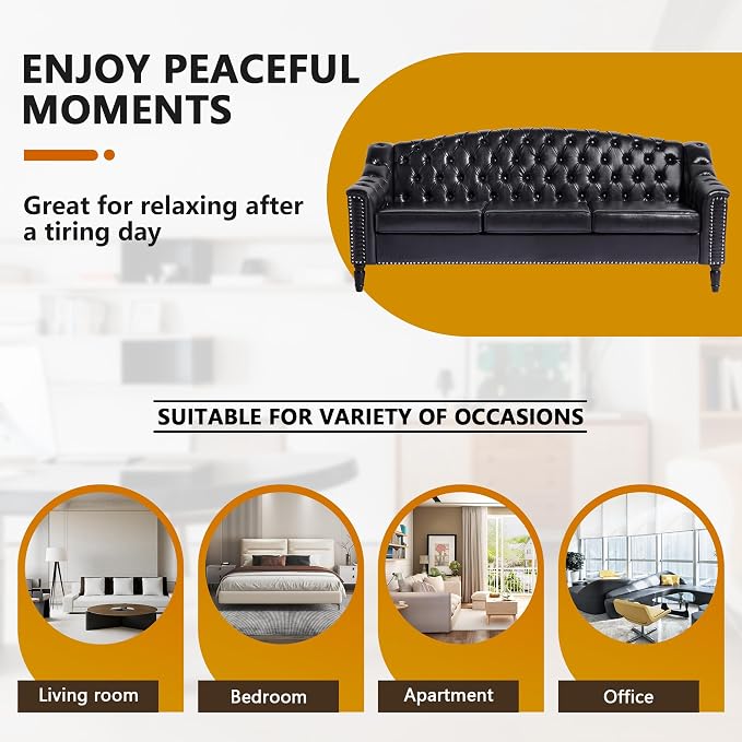 LEVNARY Mid-Century Modern Leather Couch, Chesterfield Sofa Sleeper Settee - Image 4