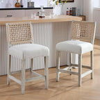 27" White Bar Stools for Kitchen Counter, Mid Century Linen Fabric Counter - Image 4