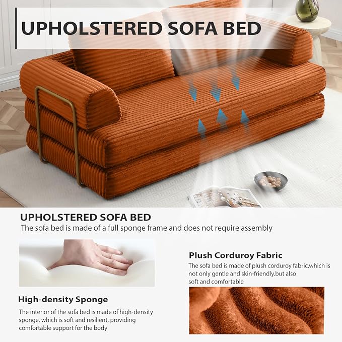 HANXIN 80 Inch Convertible Sleeper Sofa Bed, High Back Plush Corduroy Folding - Image 3
