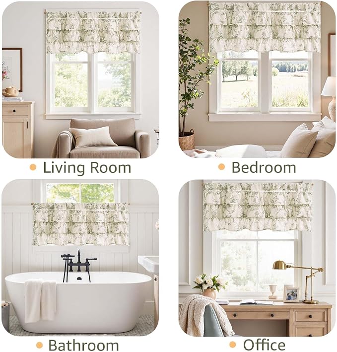 JINCHAN Ruffled Valance Curtain Linen Floral Kitchen Valance - Image 4