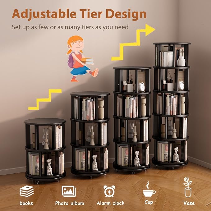 Muwuele Solid Wood Rotating Bookshelf on Wheels, 5 Tier, Round Revolving - Image 7