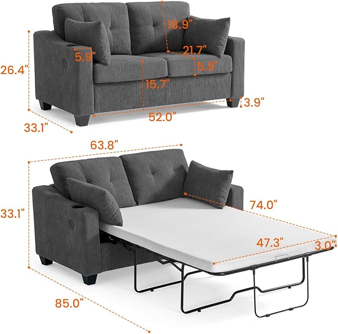 Full Size Pull Out Sleeper Sofa Bed, 2-in-1 Convertible Corduroy Pull Out Couch - Image 3