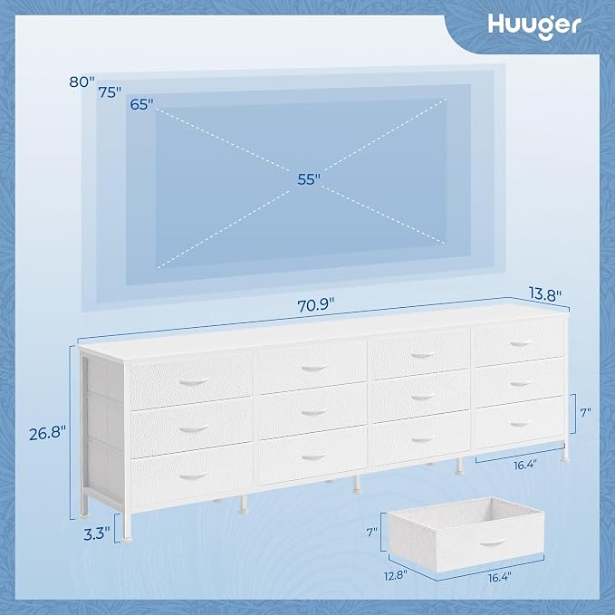 Huuger 70 Inch Dresser for Bedroom, TV Stand for 65, 80 Inch TV, 12 Fabric - Image 3
