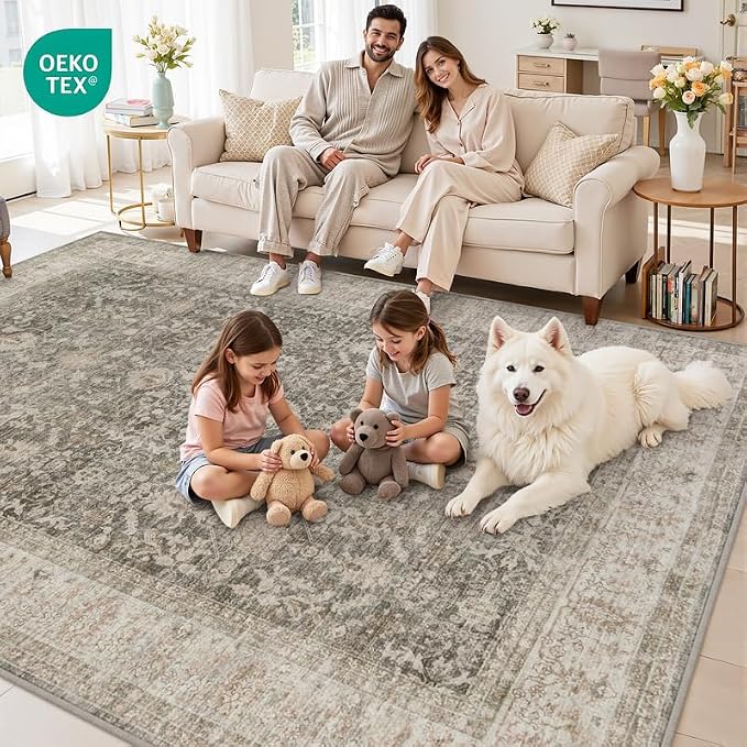 5x7 Area Rugs Living Room: Bedroom Washable Carpet Warm Taupe | Large Vintage - Image 8