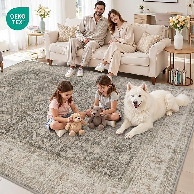 8x10 Area Rugs Living Room: Bedroom Washable Carpet Warm Taupe | Large Vintage - Image 7