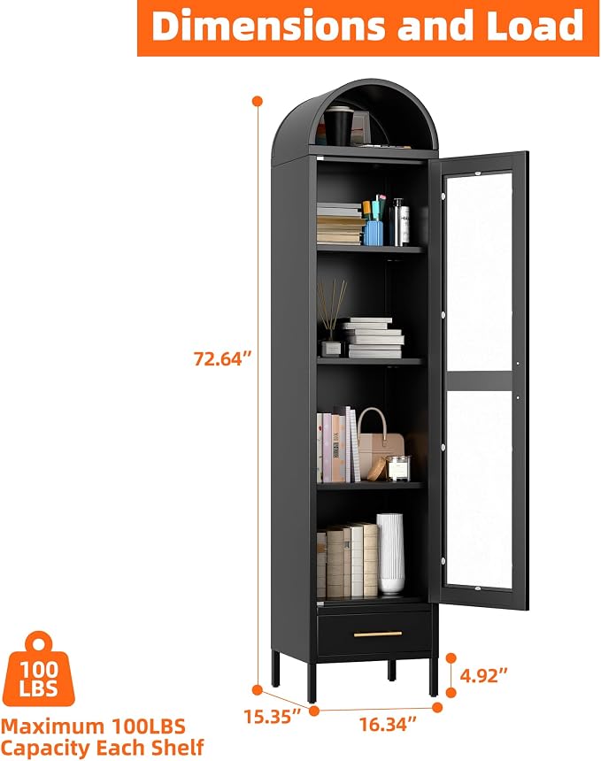METAN Metal Arched Storage Display Cabinet, 1 Glass Door and Bottom 1 Drawer - Image 3