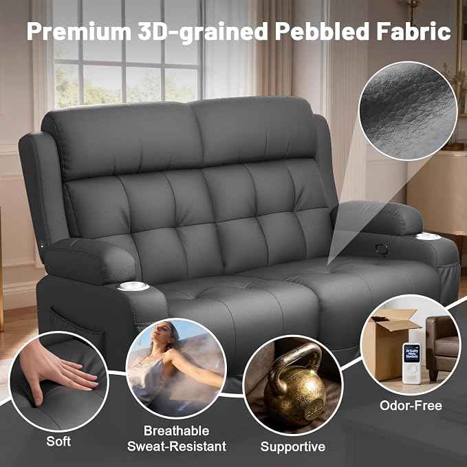 Reclining Loveseat with Pebble Texture Fabric, Loveseat Recliner with USB/Type - Image 5