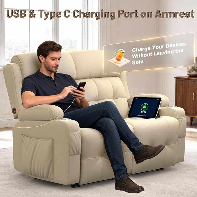 Reclining Loveseat with Pebble Texture Fabric, Loveseat Recliner with USB/Type - Image 4