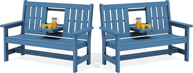 SERWALL Outdoor Bench with Cup Holder, Oversized 58" HDPE Porch Bench Suitable by SERWALL
