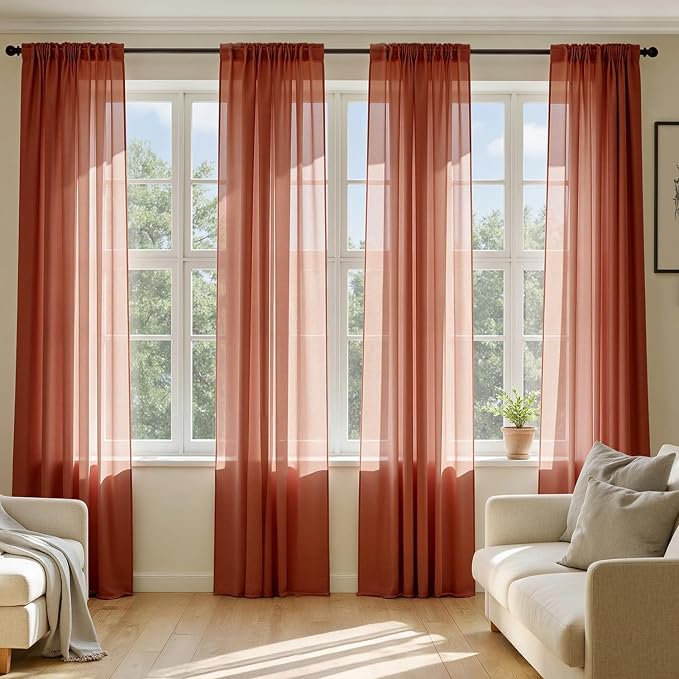 MIULEE 4 Panels Fall Burnt Orange Sheer Curtains 54 x 96 Inches | Light by MIULEE
