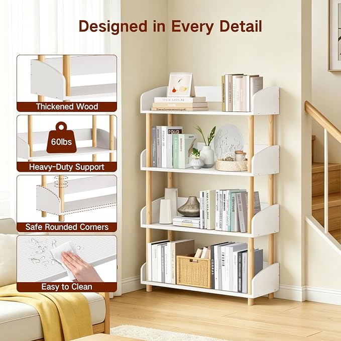 4-Tier Wooden Bookshelf, Modern Open Bookcase - Image 4