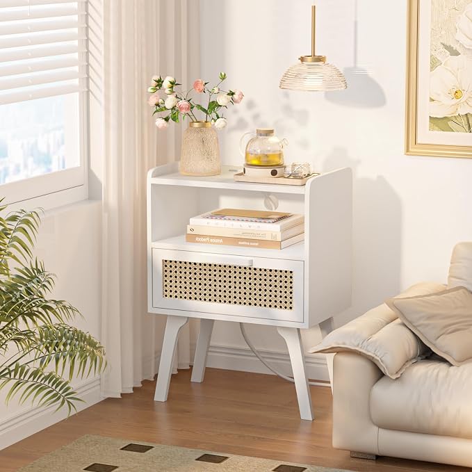 Lerliuo Rattan Nightstand with Charging Station, Cane Accent Side End Table - Image 6